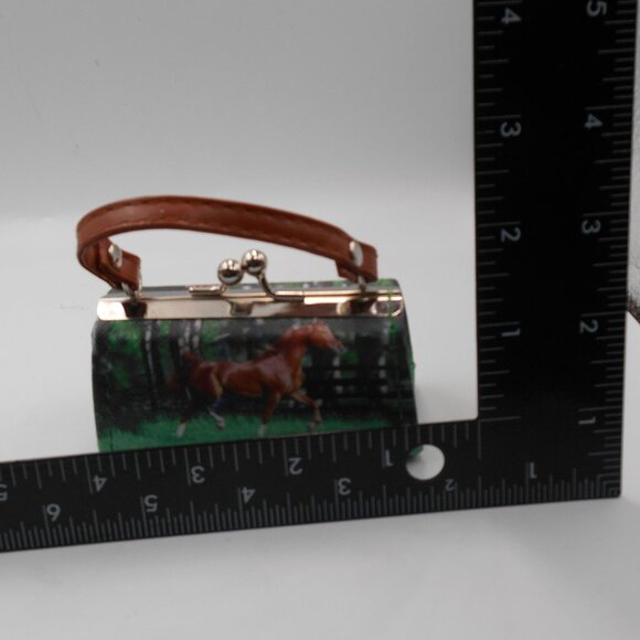 MINI LIPSTICK HORSE THEME PURSE GREEN BROWN AND SILVER CUTE - Picture 11 of 12